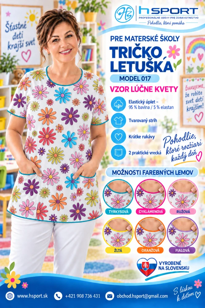 Zdravotnícke tričko LETUŠKA – Kvety s voliteľným farebným lemom (Model 017)