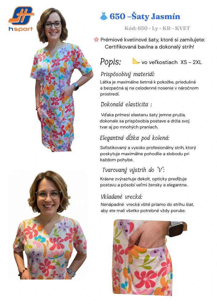 650 -Zdravotnícke Šaty JASMÍN - elastický vzorový úplet 