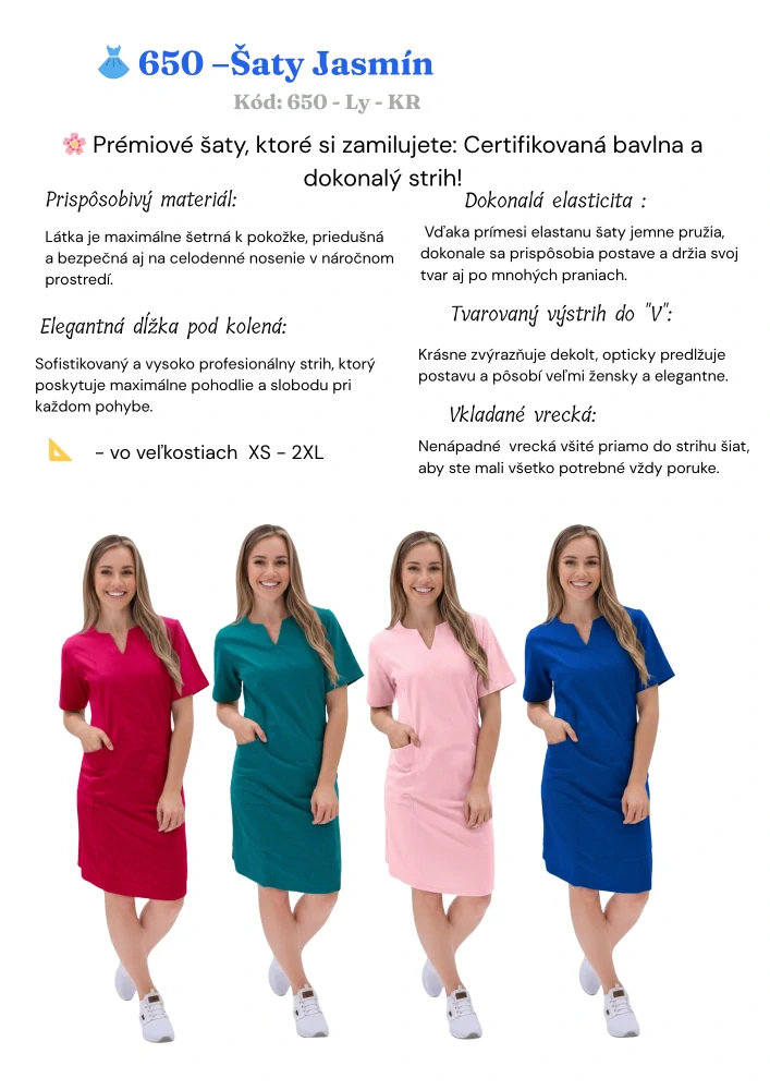 650 -Zdravotnícke Šaty JASMÍN - elastický úplet - ružová